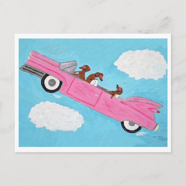 Dachshundar i en rosa cabriolet på himlen vykort (Framsida)