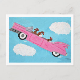 Dachshundar i rosa cabriolet på himlen vykort