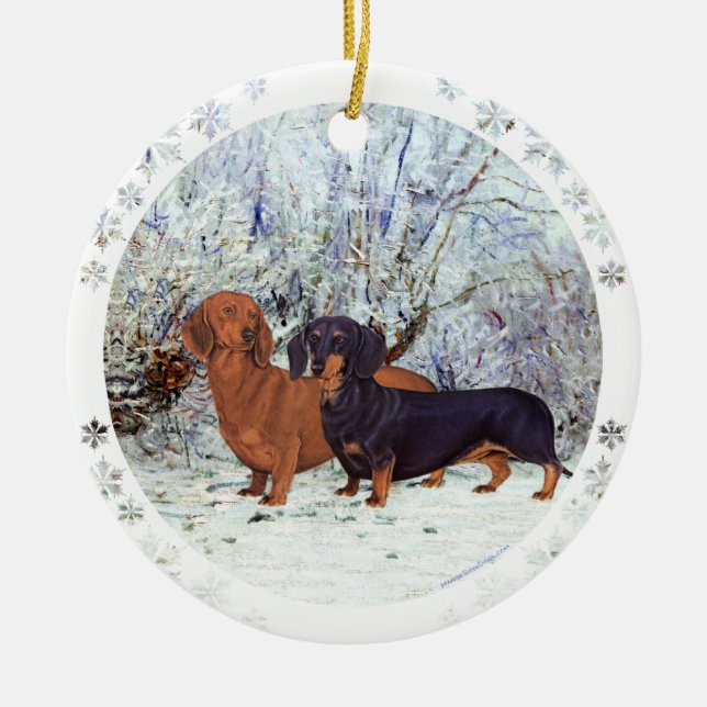 Dachshundar i snön julgransprydnad keramik (Framsidan)