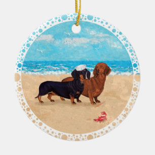 Dachshundar på stranden julgransprydnad keramik