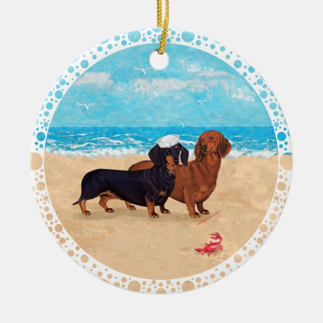 Dachshundar på stranden julgransprydnad keramik (Framsidan)