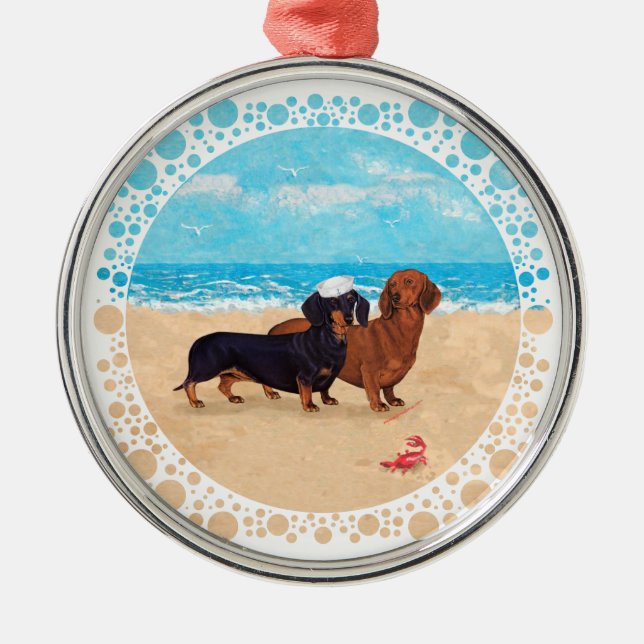Dachshundar på stranden julgransprydnad metall (Framsidan)