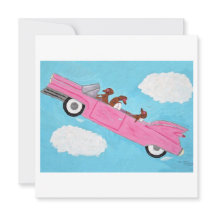 Dachshunder i en rosa cabriolet på himlen
