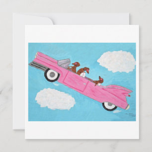 Dachshunder i en rosa cabriolet på himlen kort