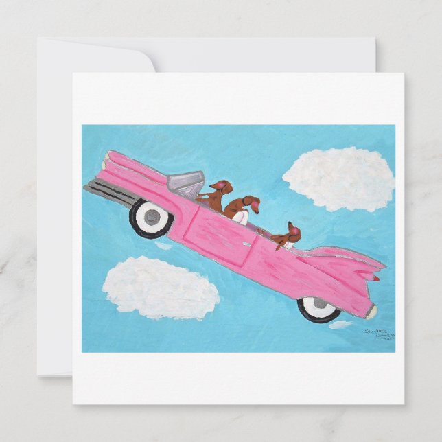 Dachshunder i en rosa cabriolet på himlen kort (Framsida)