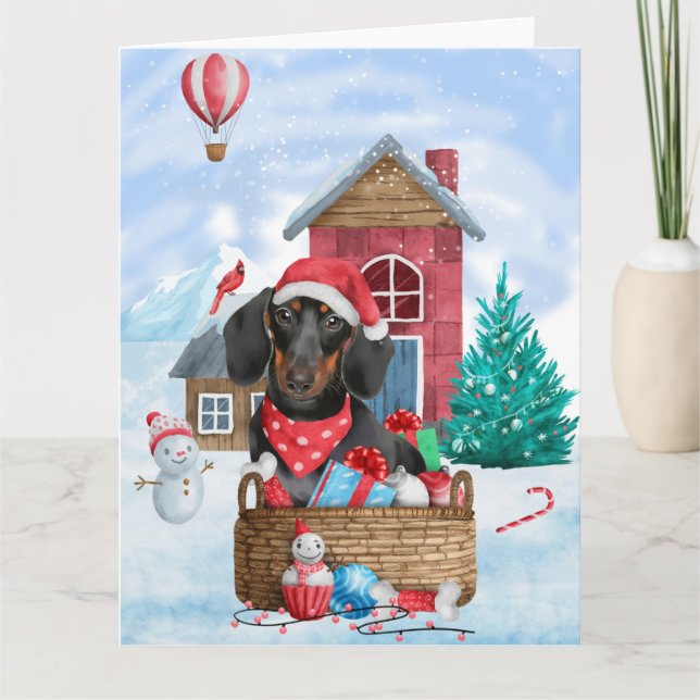 Dachshundhund i snö Julhundhus Kort (Framsida)