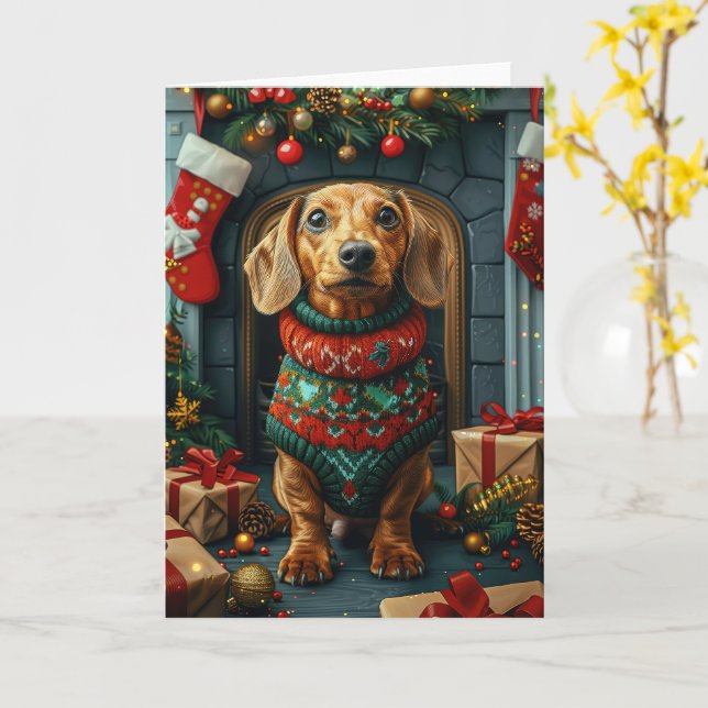 Dachshundhund med julklappar öppen spis kort (Gul blomma)