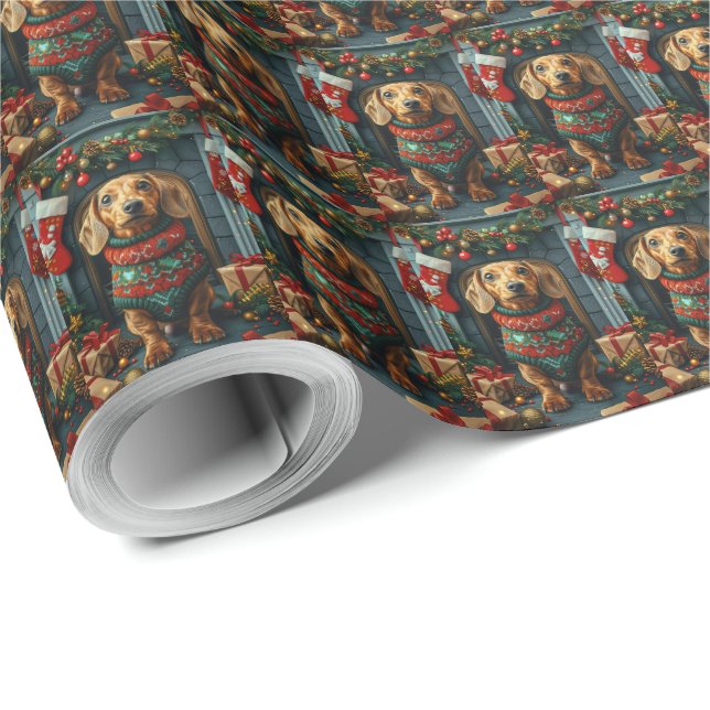 Dachshundhund med julklappar öppen spis presentpapper (Rulle Hörn)