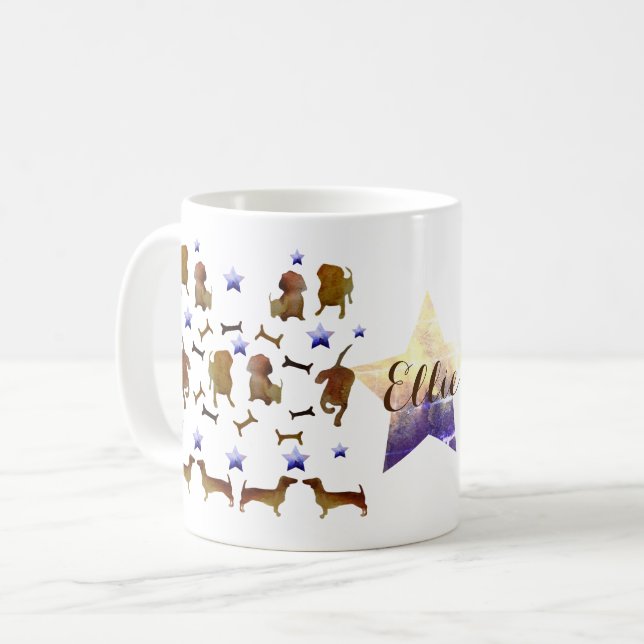 Dachshunds & Dog Bones Akvarell Anpassat Namn Kaffemugg (Framsida vänster)