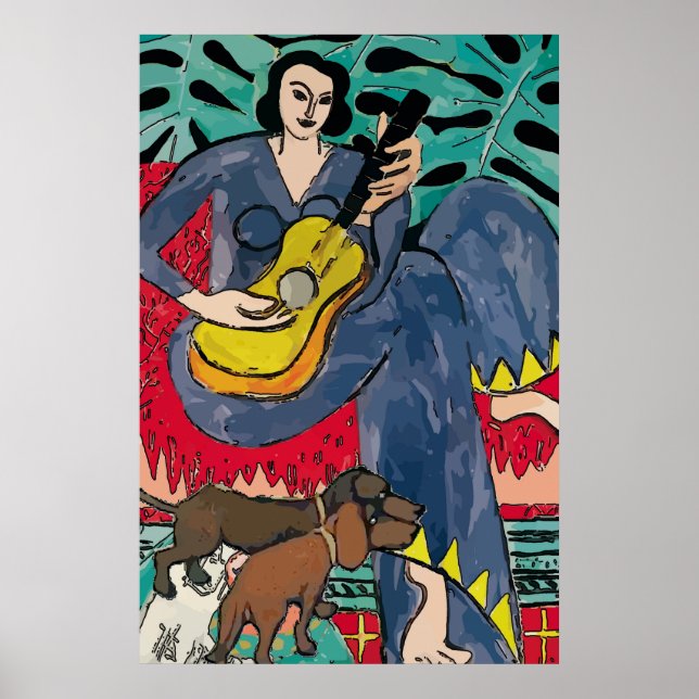 Dachshunds, Guitar och Matisse stil dam Poster (Framsidan)
