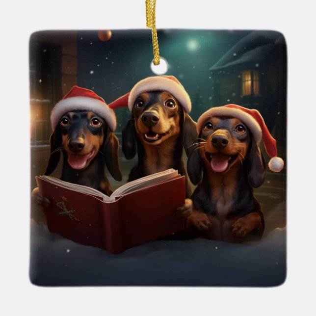 Dachshunds jul Caroling Festive Helgdag Julgransprydnad Keramik (Framsida)