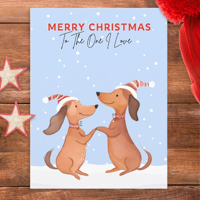Dachshunds Korvhundar En Jag Älskar God Jul Vykort (A cute postcard featuring two dachshunds in snow. 'Merry Christmas' and 'To The One I Love' words)