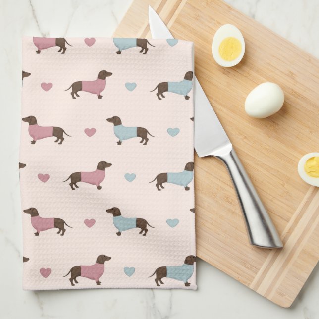 Dachshunds och Hearts Tea Towel Kökshandduk (Vikt i Fjärdedel)