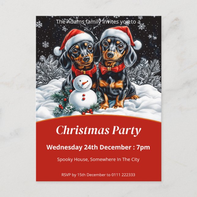 Dachshunds och Snögubbe jul Party Inbjudan Vykort (Framsida)