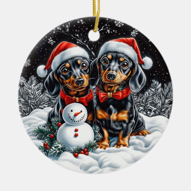 Dachshunds- och Snögubbe-julen Julgransprydnad Keramik (Framsidan)