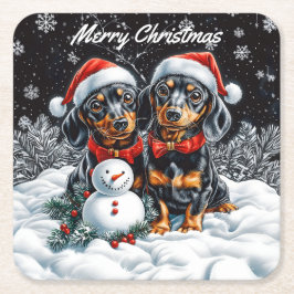 Dachshunds- och Snögubbe-julen Underlägg Papper Kvadrat