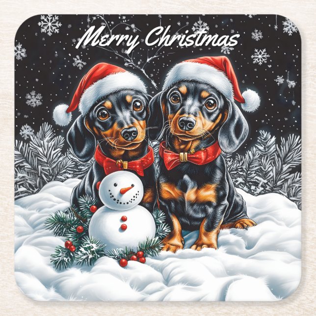 Dachshunds- och Snögubbe-julen Underlägg Papper Kvadrat (Framsidan)