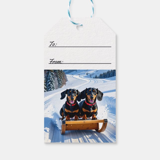 Dachshunds på Sled jul Presentetikett (Baksidan)