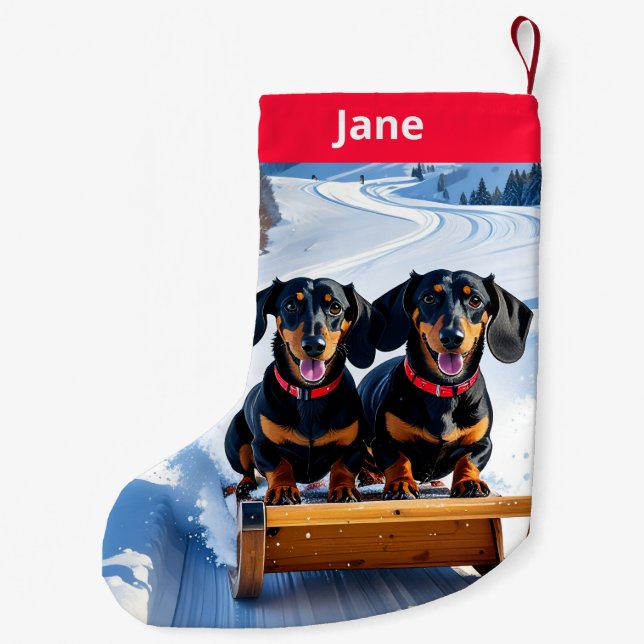 Dachshunds på Sled-julklapp Liten Julstrumpa (Baksidan)