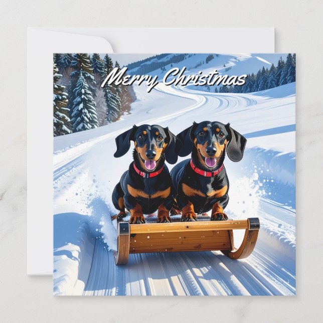 Dachshunds på Sled Pack om den platta julen Anteckningskort (Framsida)