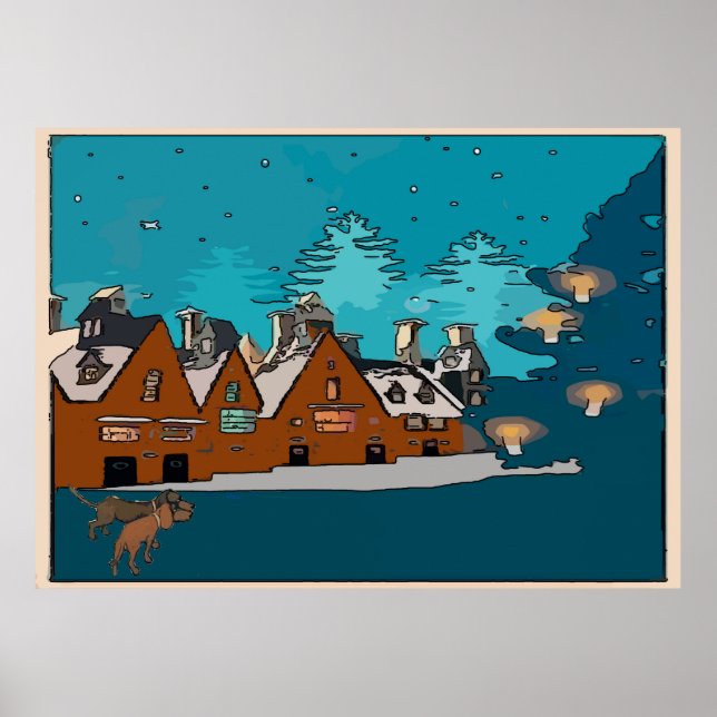 Dachshunds vid Winter Village Poster (Framsidan)