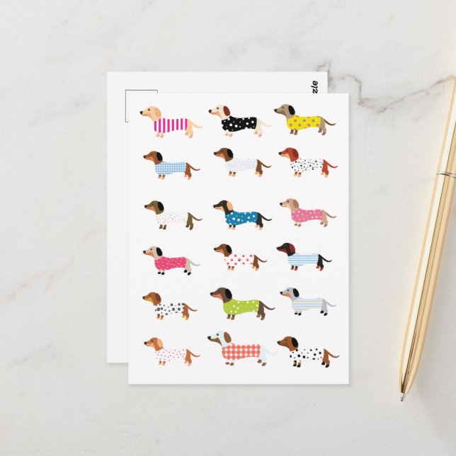 Dachsund Hund Vattenfärg  Vykort (Fram/Back In Situ)