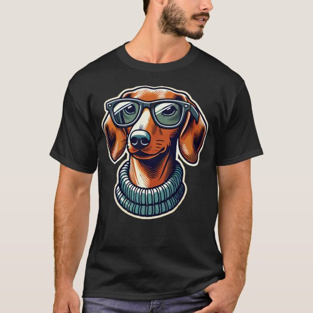 Dachsund Hund with Glass Pop Art Stil T Shirt (Framsida)