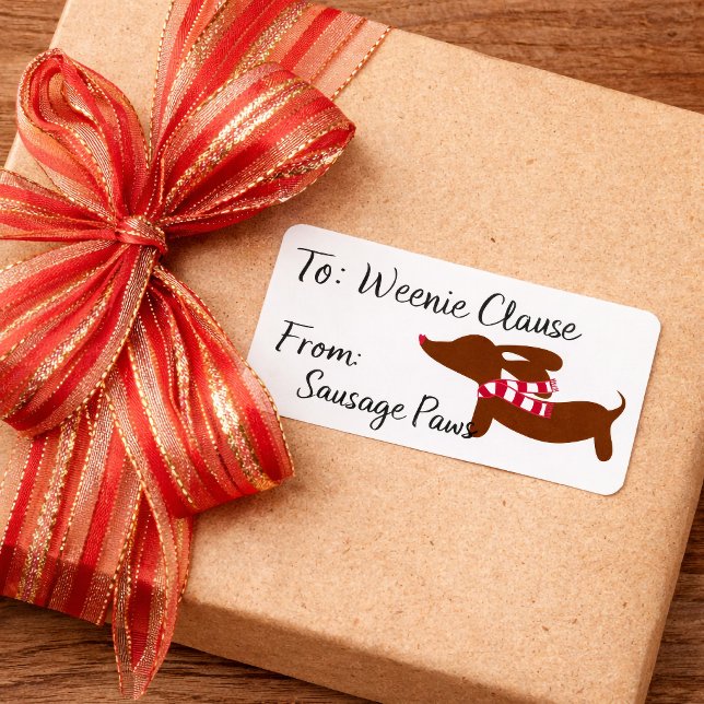Dackel i en varm halsduk Julklappsbrickor Adressetikett (Dachshund Wearing a Warm Scarf Christmas Gift Tags)