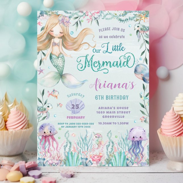 Däcklig Sjöjungfru under Havets födelsedag i Bassä Inbjudningar (blonde mermaid under the sea cute ocean creatures pool birthday party invitation cards printed )