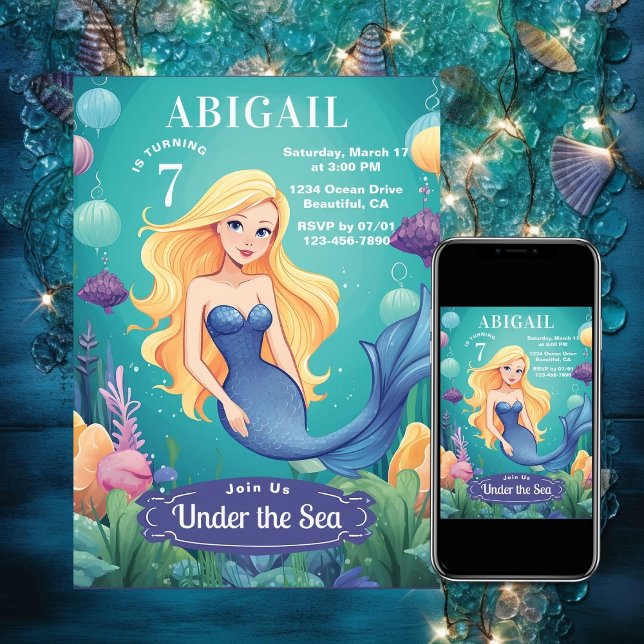Däcklig Sjöjungfru under Havets födelsedag Inbjudningar (Whimsical Mermaid Under the Sea Ocean Birthday Invitation)