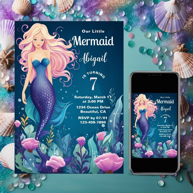 Däcklig Sjöjungfru under Havets födelsedag Inbjudningar (Whimsical Mermaid Under the Sea Ocean Birthday Invitation)