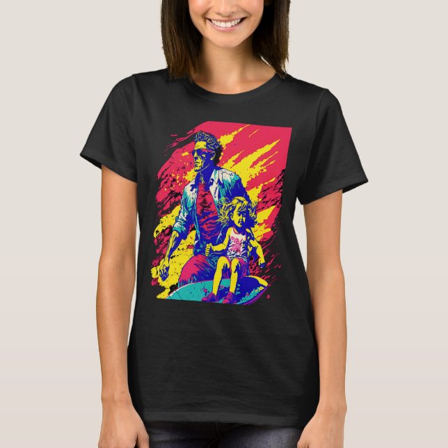 Dad And Daughter Surfing Retro Pop Surfer Dad  2 T Shirt (Framsida)