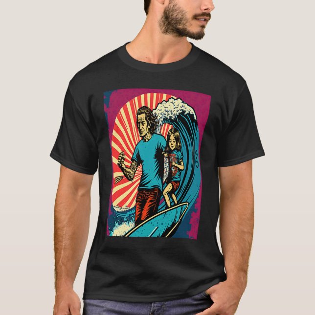 Dad And Daughter Surfing Retro Pop Surfer Dad  3 T Shirt (Framsida)