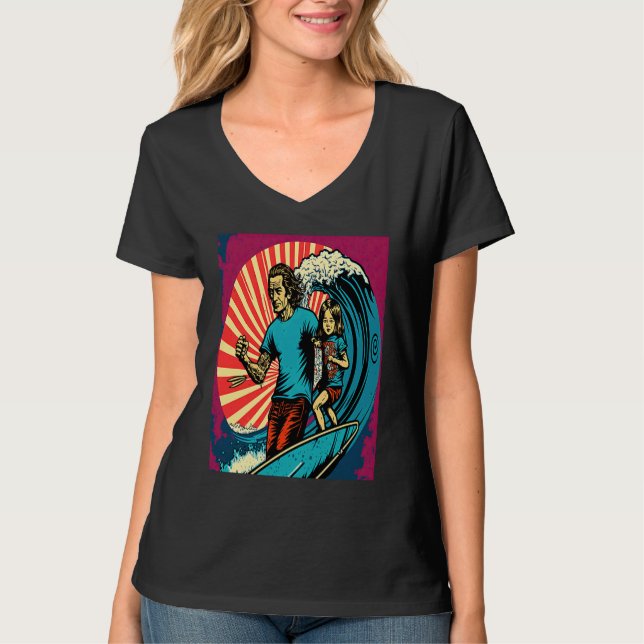 Dad And Daughter Surfing Retro Pop Surfer Dad  3 T Shirt (Framsida)