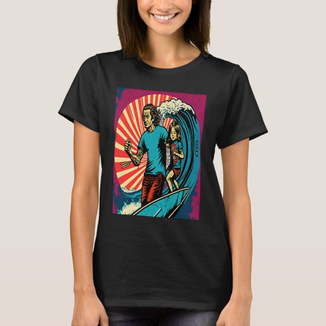 Dad And Daughter Surfing Retro Pop Surfer Dad  3 T Shirt (Framsida)