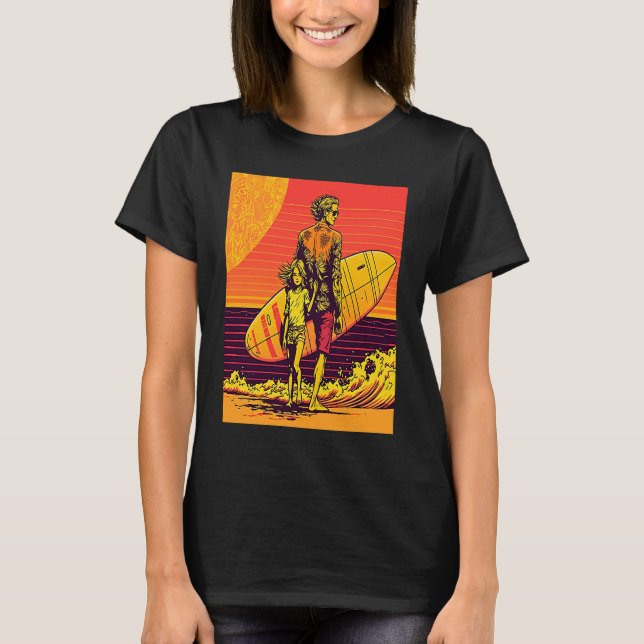 Dad And Daughter Surfing Retro Pop Surfer Dad T Shirt (Framsida)