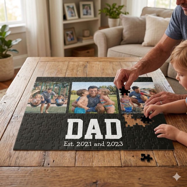 Dad Est. Bold Black Font 3 Photo Fathers Day Gift Pussel (Skapare uppladdad)