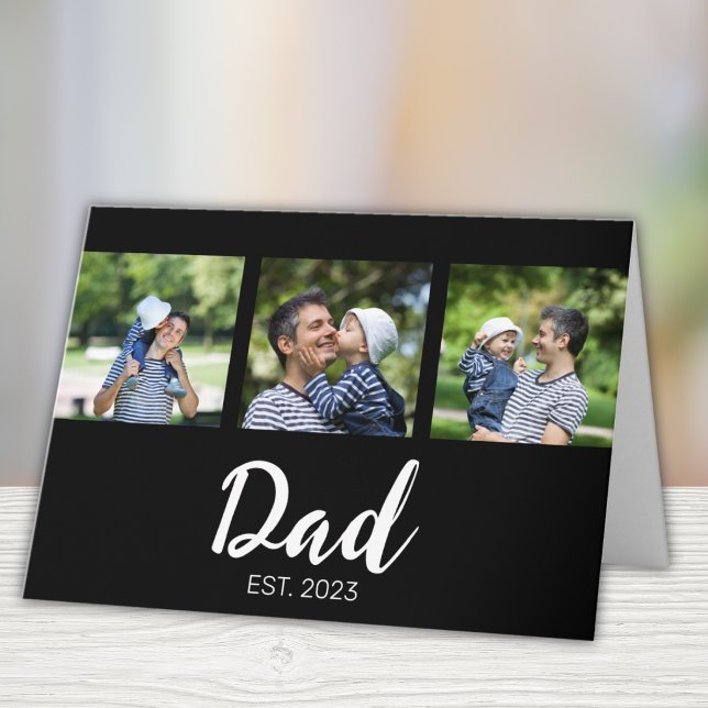 Dad Established Elegant Script Black 3 Photo Kort (Skapare uppladdad)