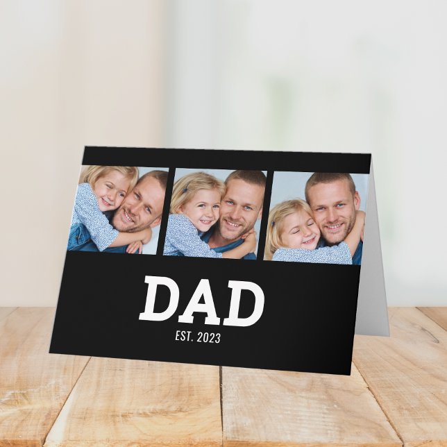 Dad Established Modern Black 3 Photo Father's Day Kort (Skapare uppladdad)
