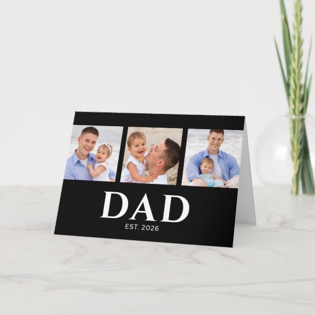 Dad Established Modern Black 3 Photo Father's Day Kort (Framsida)