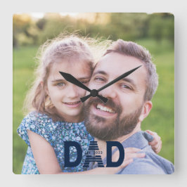 Dad Established Modern Navy Blue Bold Dad Photo Fyrkantig Klocka