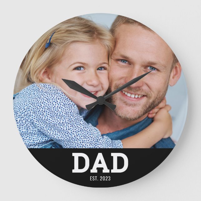 Dad Established Modern White Photo Round Stor Klocka (Framsida)