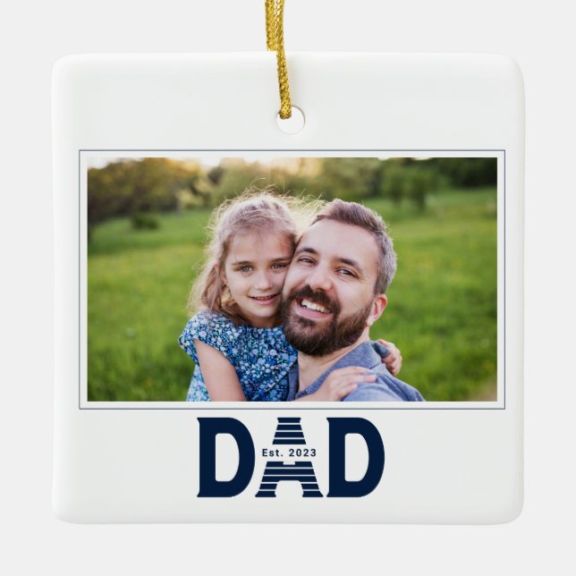 Dad Established Navy Blue Bold Dad Photo Julgransprydnad Keramik (Framsida)