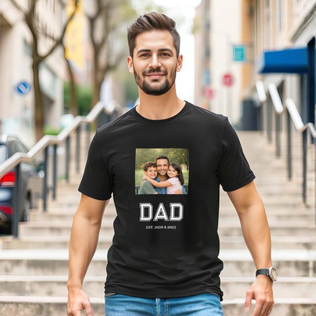 Dad Established Photo Modern Typography Black T Shirt (Dad Established design with photo and white modern sports-style text. The perfect Father's day gift!)