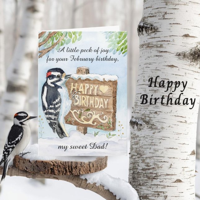 Dad Happy February Birthday Downy Woodpecker Kort (Skapare uppladdad)