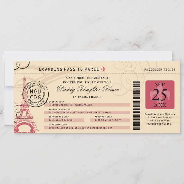 Daddy Daughter Dance Paris France Boarding Pass Inbjudningar (Framsida)