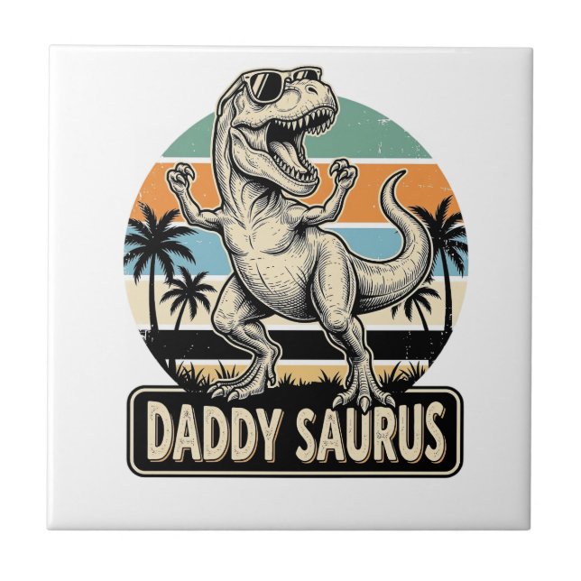 Daddy Saurus Retro Dinosaur Solnedgång T-Shirt Des Kakelplatta (Framsidan)