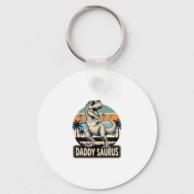 Daddy Saurus Retro Dinosaur Solnedgång T-Shirt Des Nyckelring (Framsida)