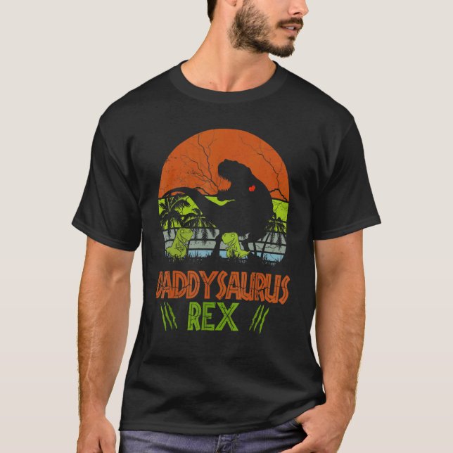 Daddysaurus Rex 2 Kids Sunset  For Fathers Day T Shirt (Framsida)