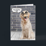 Dad's Birthday Funny Golden Retriever Card Kort<br><div class="desc">Golden retriever wearing a funny mustache mask on gray brick wall and wood floor with speech bubble for Dad's birthday.
Can be changed for anyone's birthday. Text is editable.</div>